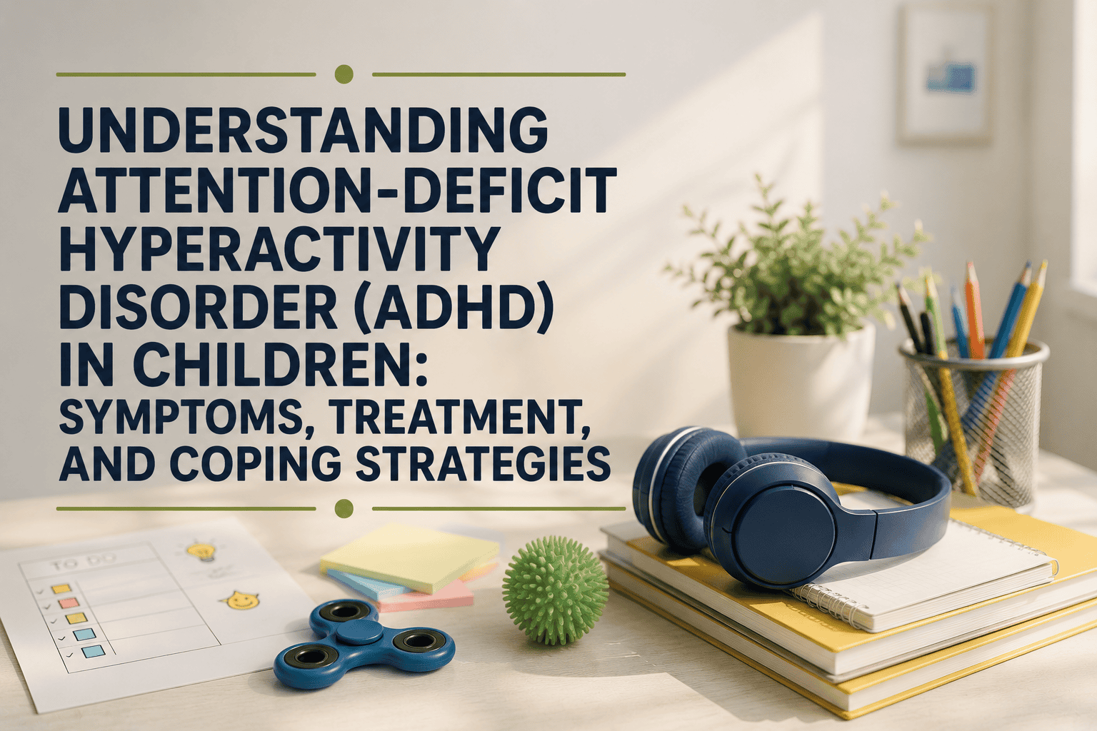 Child psychology and ADHD awareness with headphones and educational tools.