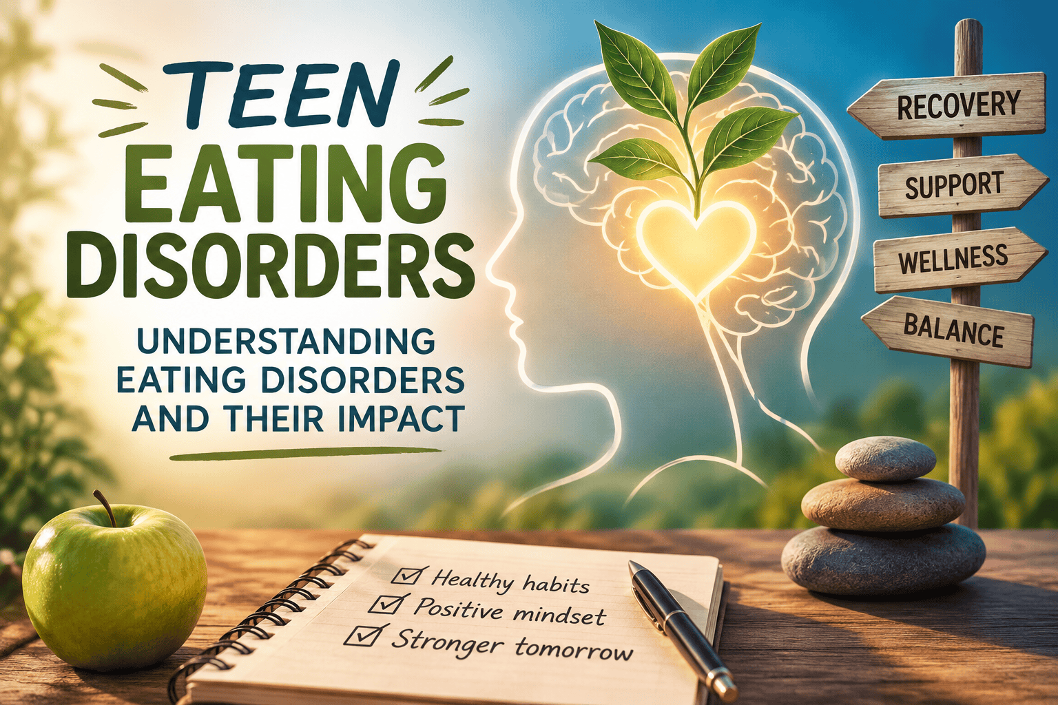 Teen eating disorders concept with brain and growth imagery.