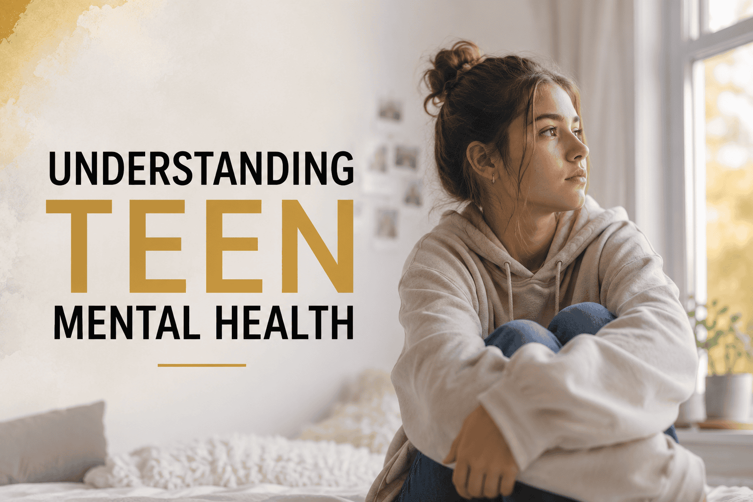 Teen girl sitting by window, contemplating mental health issues.
