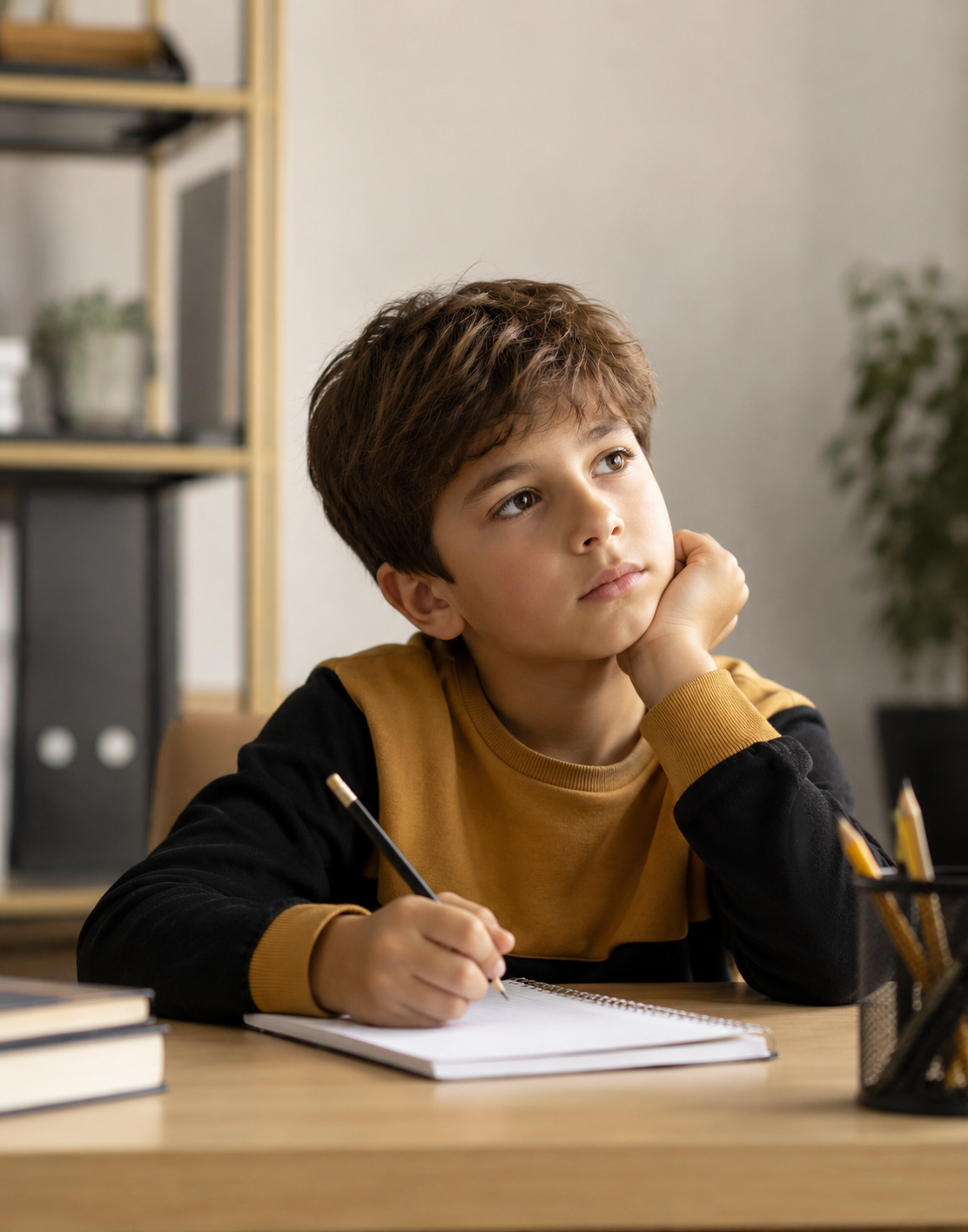 Student sitting thoughtfully at a desk