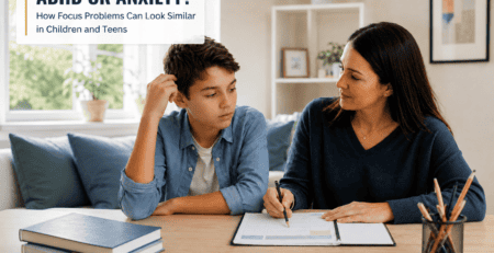 Child and adult discussing focus issues in a therapy session.