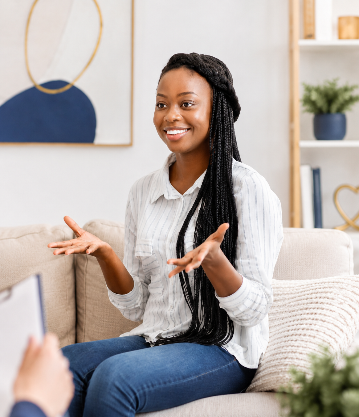 Teen speaking during a supportive mental health appointment
