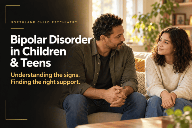Child and adult talking in a therapy session about bipolar disorder.