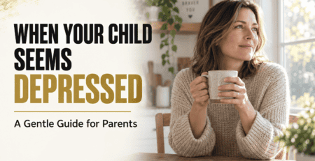 Parent with a thoughtful expression holding a mug, promoting childhood depression awareness.