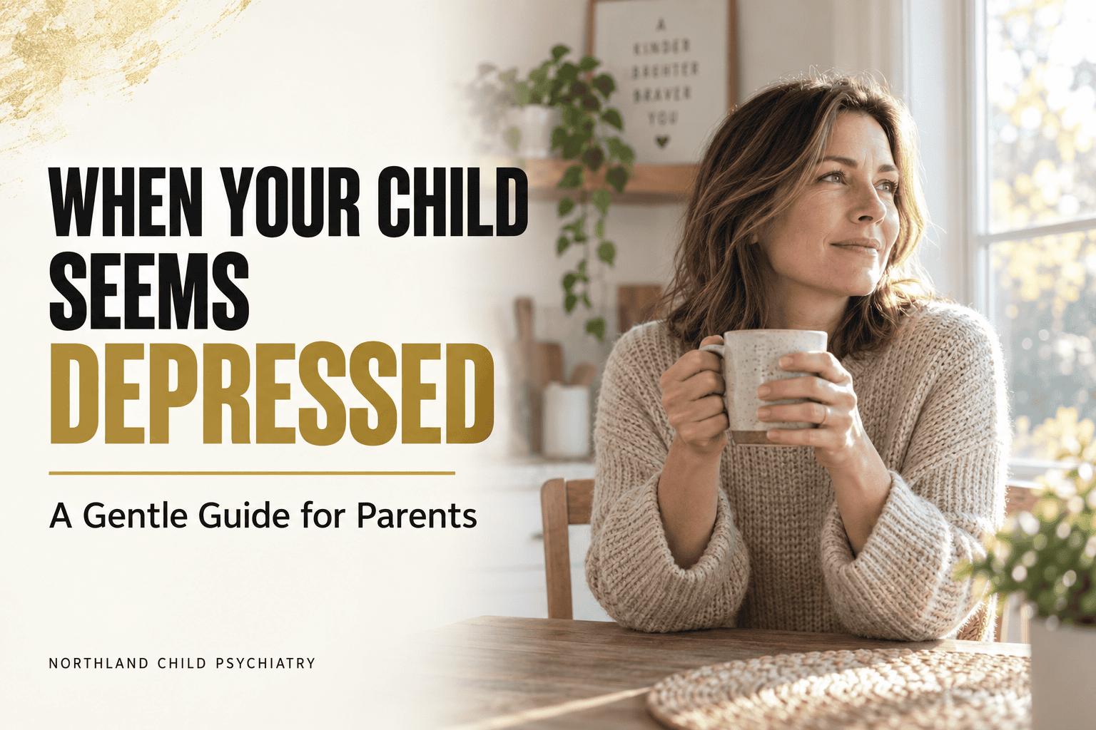 Parent with a thoughtful expression holding a mug, promoting childhood depression awareness.