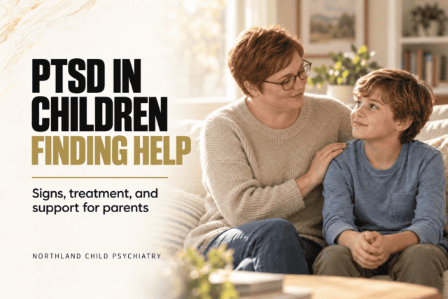 Child and caregiver discussing PTSD signs and support options.