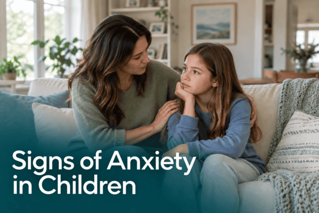 Child and mother discussing signs of anxiety in children at home.
